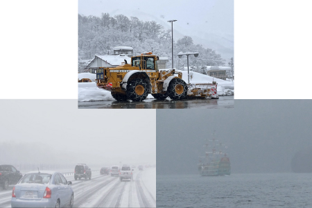 視界不良な現場写真(除雪車、一般車両、船舶)
